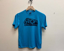 Load image into Gallery viewer, Folsom Grom 2022 Tech Shirt Neon Blue Navy Logo
